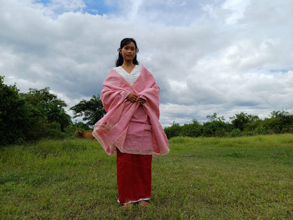 Large Traditional HandspunHandwoven Pink Raw Eri Silk Buddhist Meditation Shawl,Oversize Peace Silk Wrap,Non-Violent Silk Tantrik Prayer Zen