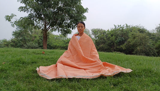Large Traditional HandspunHandwoven Pink Raw Eri Silk Buddhist Meditation Shawl,Oversize Peace Silk Wrap,Non-Violent Silk Tantrik Prayer Zen