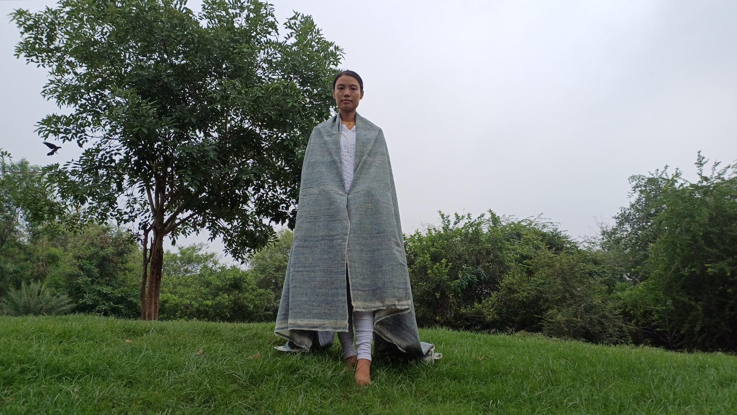 Large Traditional Handspun And Handwoven Indigo Blue Raw Eri Silk Meditation Shawl,Oversize Peace Silk Wrap,Non -Violent Eri Silk Prayer Zen