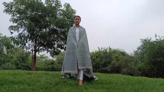 Large Traditional Handspun And Handwoven Indigo Blue Raw Eri Silk Meditation Shawl,Oversize Peace Silk Wrap,Non -Violent Eri Silk Prayer Zen