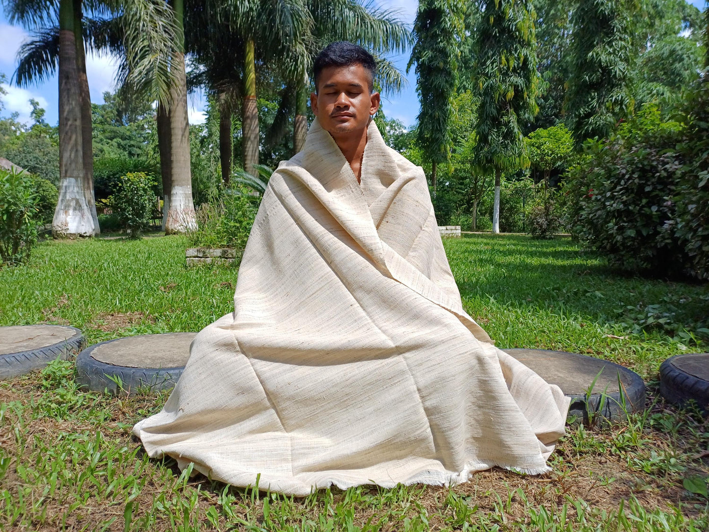 NON-VIONENT Large Traditional Handspun/Handwoven Pure Raw Eri Silk Meditation Shawl, Oversized Peace Silk Shawl,Ethical Silk Prayer Wrap/Zen