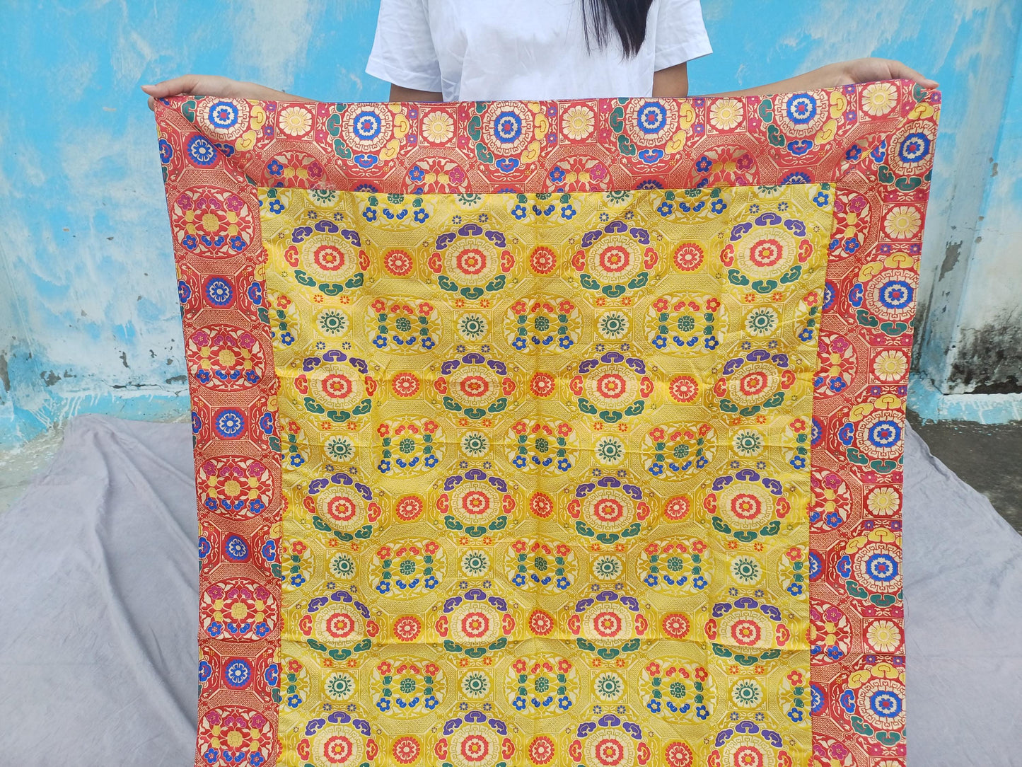 Handmade Multi-Color Tibetan Buddhist Ashtamangala Budha Silk Brocade Tibetan Altar/Shrine Table Cloth,Zen Buddhist Tibetan Table Runner