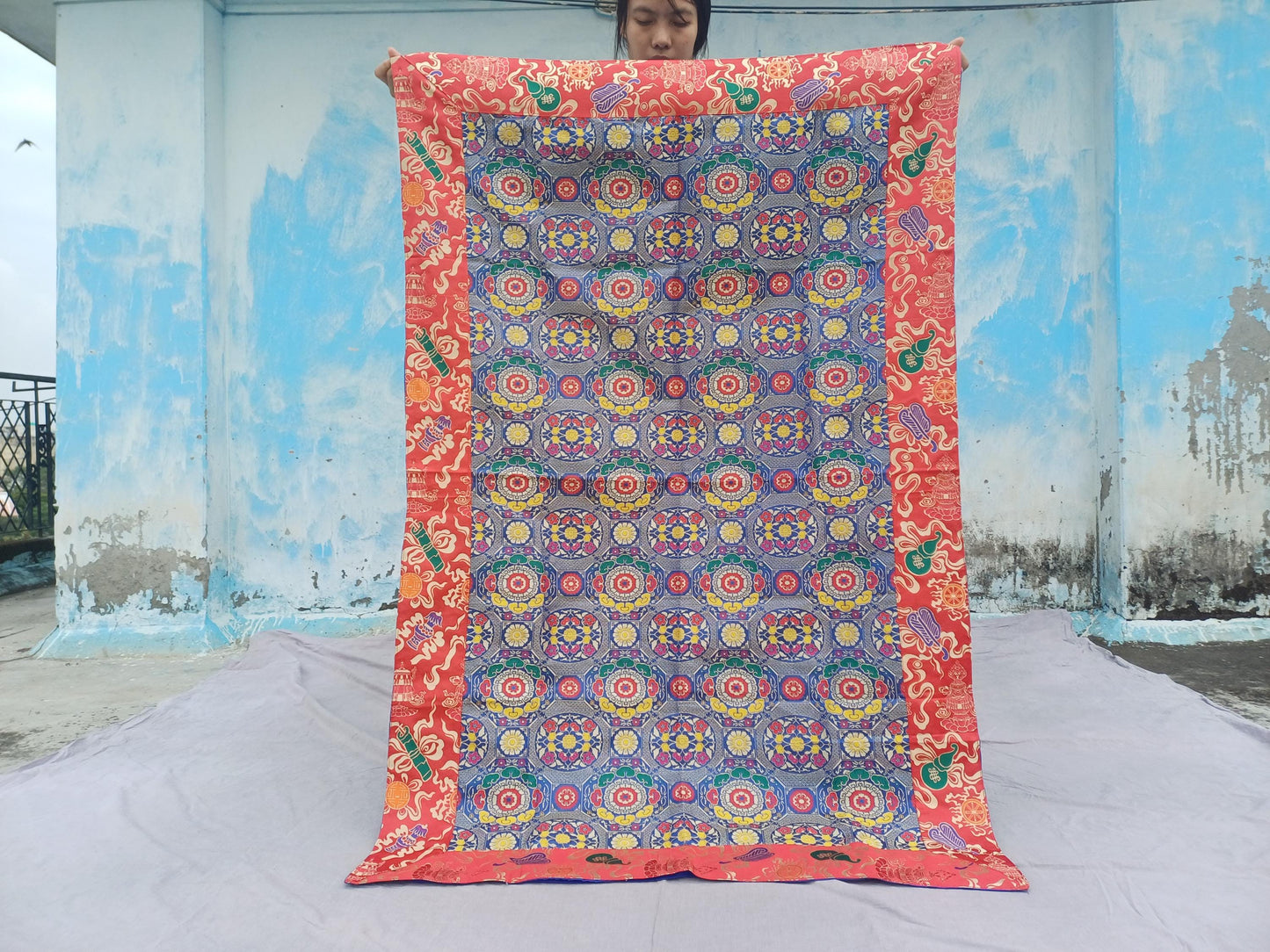 Handmade Multi-Color Tibetan Buddhist Ashtamangala Budha Silk Brocade Tibetan Altar/Shrine Table Cloth,Zen Buddhist Tibetan Table Runner