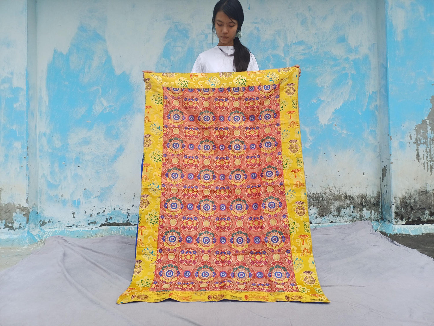 Handmade Multi-Color Tibetan Buddhist Ashtamangala Budha Silk Brocade Tibetan Altar/Shrine Table Cloth,Zen Buddhist Tibetan Table Runner