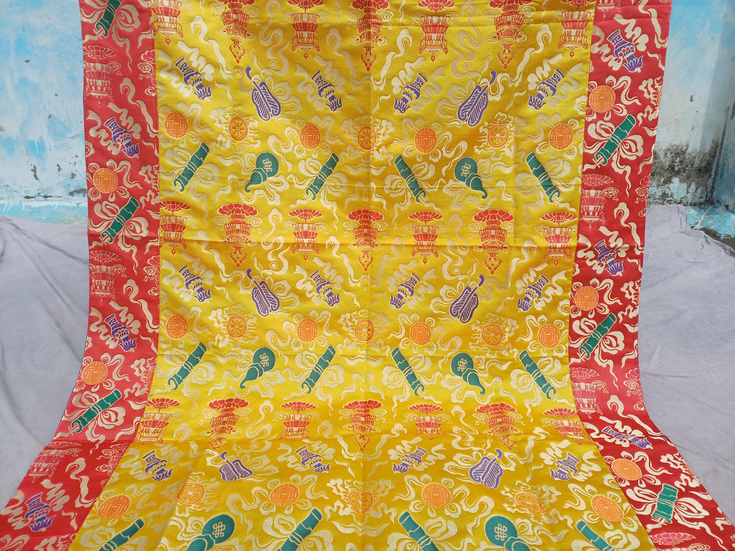 Handmade Multi-Color Tibetan Buddhist Ashtamangala Budha Silk Brocade Tibetan Altar/Shrine Table Cloth,Zen Buddhist Tibetan Table Runner