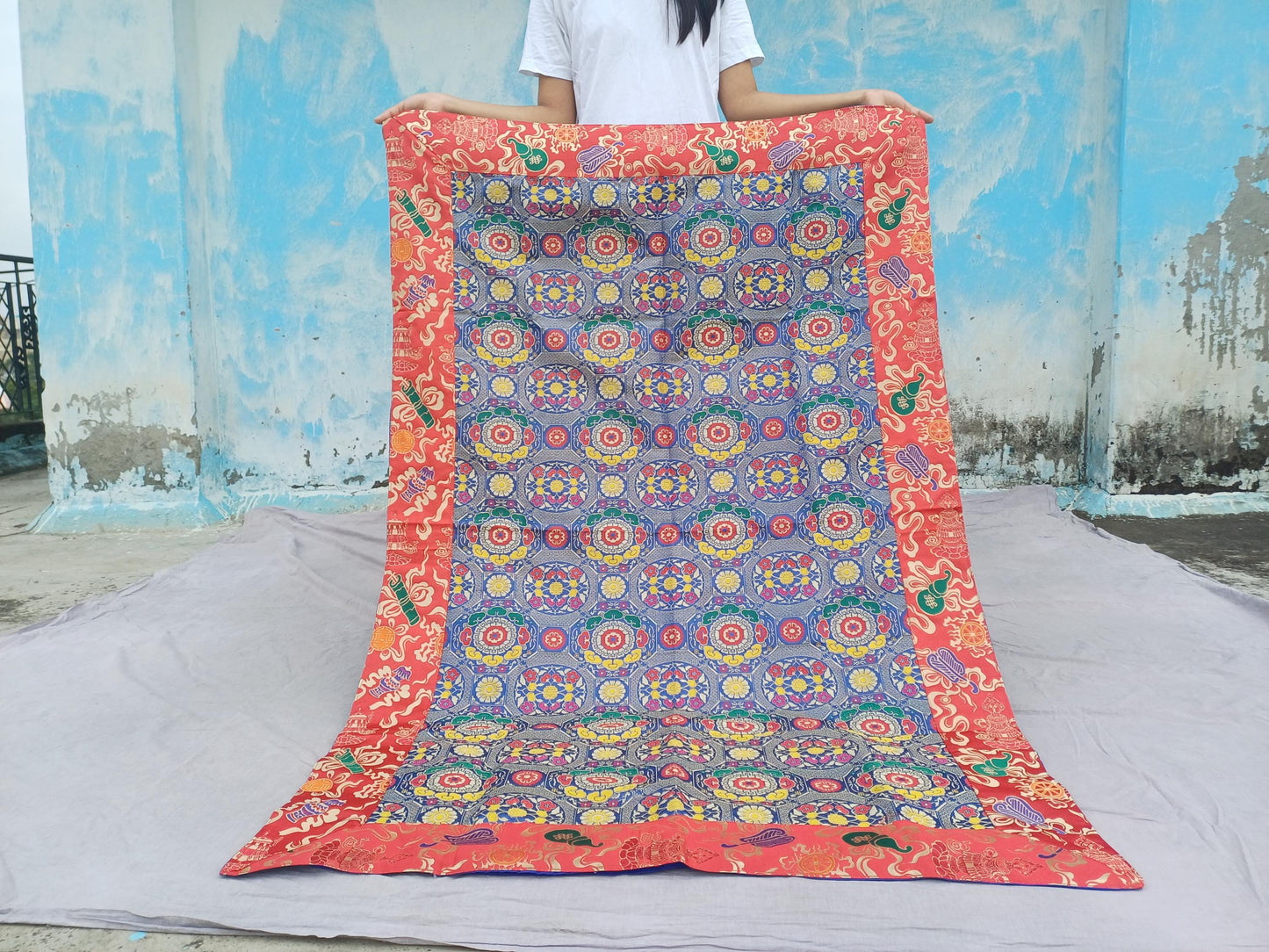 Handmade Multi-Color Tibetan Buddhist Ashtamangala Budha Silk Brocade Tibetan Altar/Shrine Table Cloth,Zen Buddhist Tibetan Table Runner