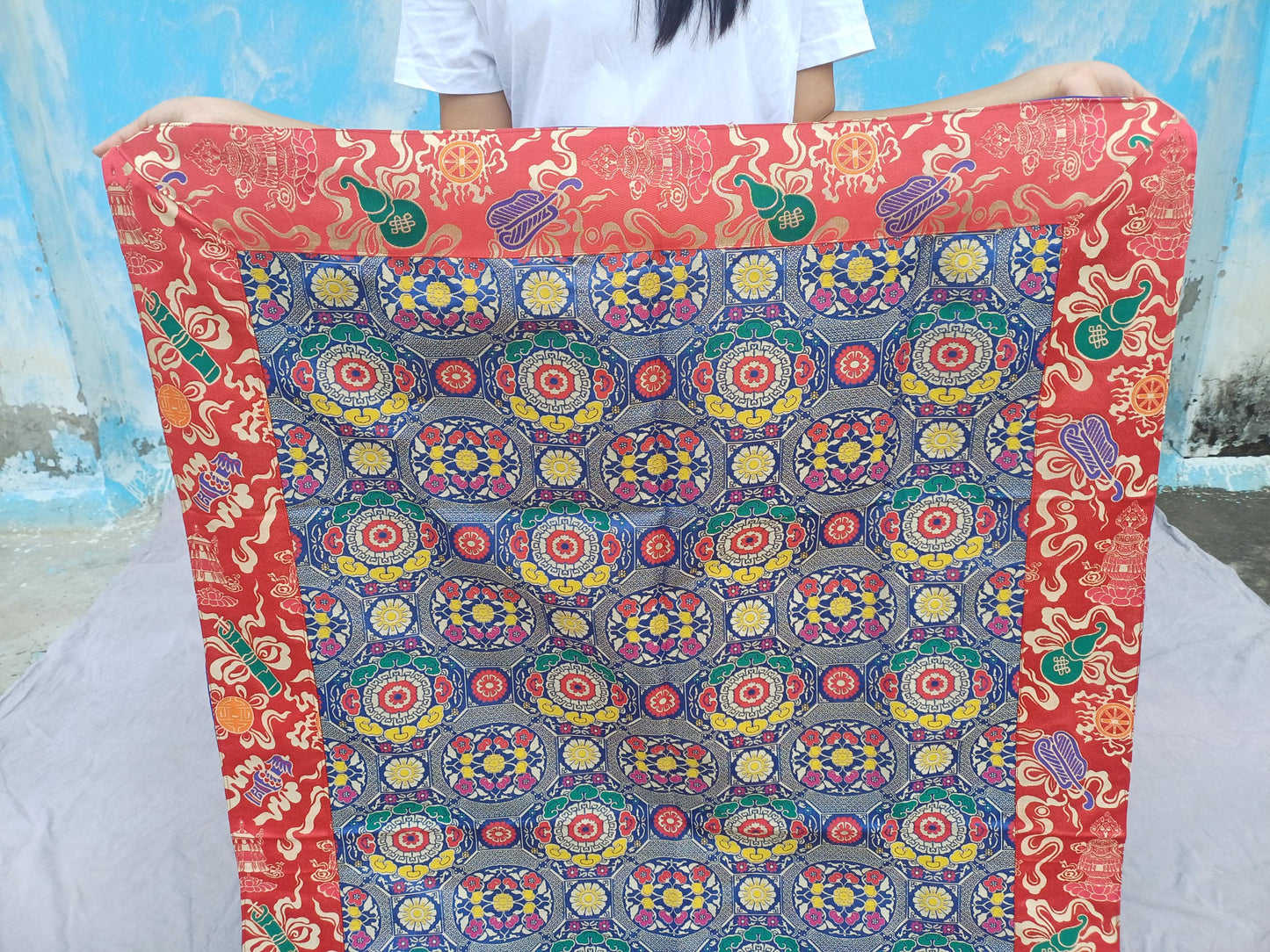 Handmade Multi-Color Tibetan Buddhist Ashtamangala Budha Silk Brocade Tibetan Altar/Shrine Table Cloth,Zen Buddhist Tibetan Table Runner