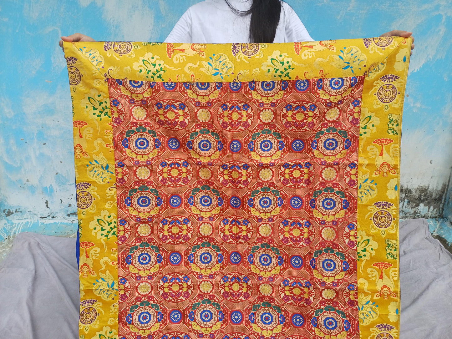 Handmade Multi-Color Tibetan Buddhist Ashtamangala Budha Silk Brocade Tibetan Altar/Shrine Table Cloth,Zen Buddhist Tibetan Table Runner