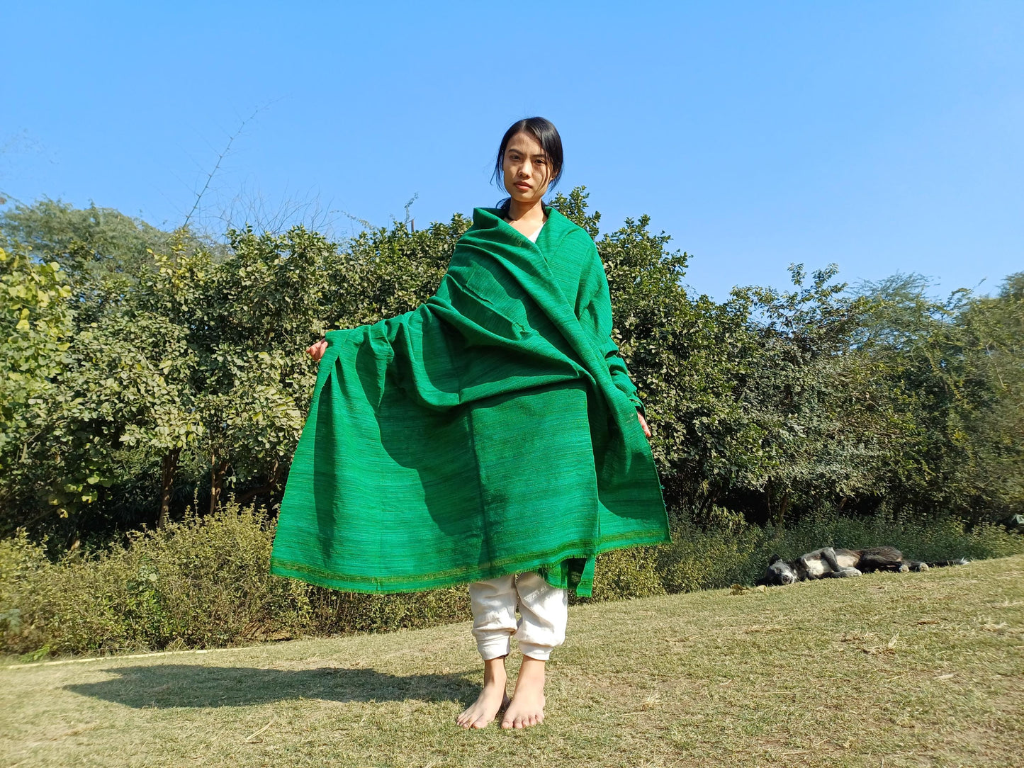 Large Traditional Handwoven GREEN Tibetan Buddhist Raw Eri Silk Meditation Shawl,Buddhist Silk Shawl,Tantric Meditation Wrap,Lama Silk Zen