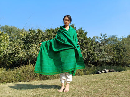 Large Traditional Handwoven GREEN Tibetan Buddhist Raw Eri Silk Meditation Shawl,Buddhist Silk Shawl,Tantric Meditation Wrap,Lama Silk Zen