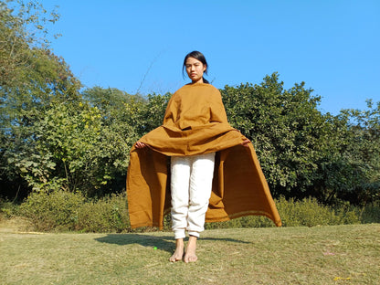 YOGINI Large Handwoven Pure Organic Cotton Brown Tibetan Buddhist Meditation Shawl,Indian Khadi Cotton Tantrik Wrap,Buddhist Prayer Zen