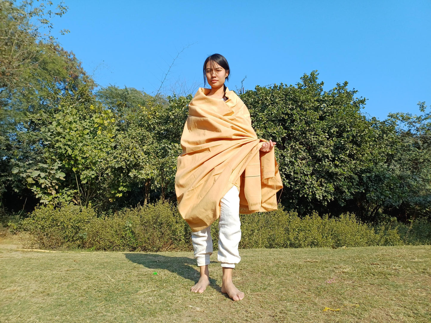 YOGINI Large Handwoven Pure Organic Cotton Beige Tibetan Buddhist Meditation Shawl,Indian Khadi Cotton Tantrik Wrap,Buddhist Prayer Zen
