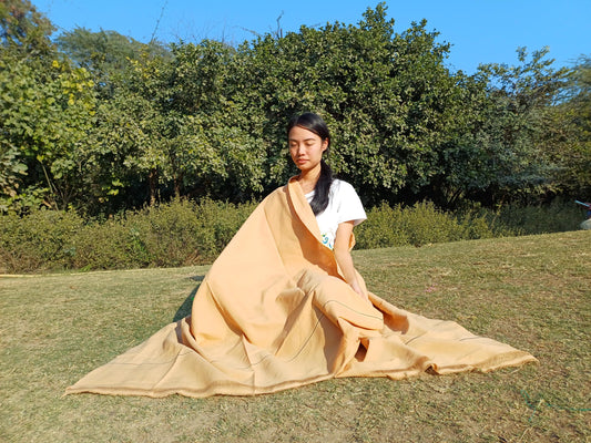 YOGINI Large Handwoven Pure Organic Cotton Beige Tibetan Buddhist Meditation Shawl,Indian Khadi Cotton Tantrik Wrap,Buddhist Prayer Zen