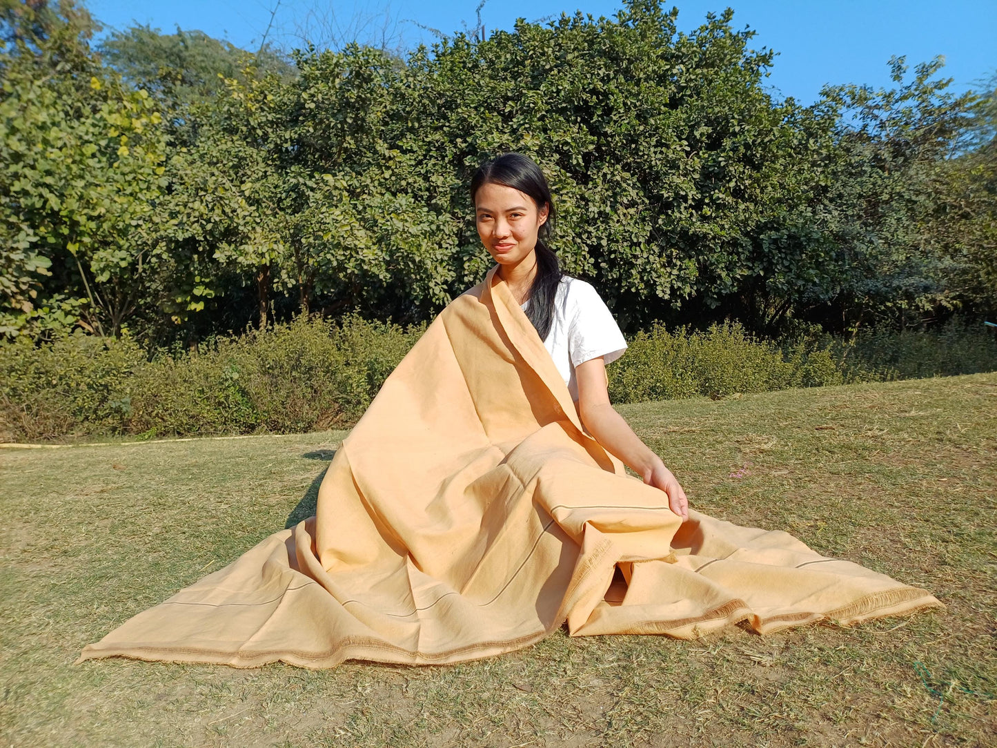YOGINI Large Handwoven Pure Organic Cotton Beige Tibetan Buddhist Meditation Shawl,Indian Khadi Cotton Tantrik Wrap,Buddhist Prayer Zen