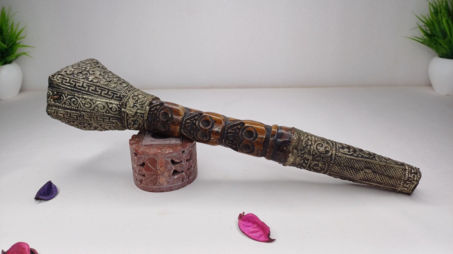 Vintage Bone Double Mahakala Hand Carved Silver Inlay Kangling Tibetan Ritual Trumpet,Used Traditional Tantrik Trumpet,Shaman  Buddhism Tool