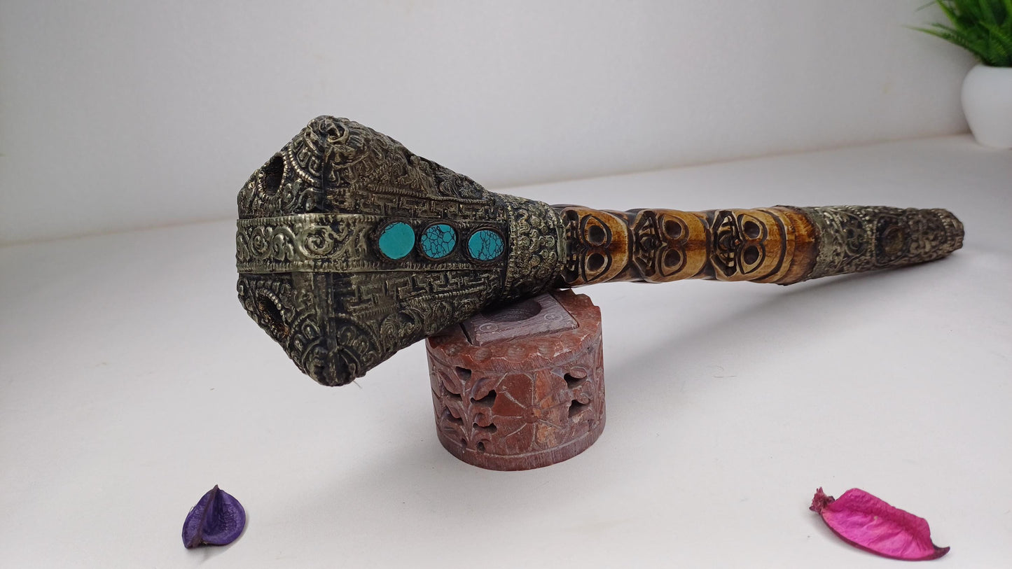 Vintage Bone Double Mahakala Hand Carved Silver Inlay Kangling Tibetan Ritual Trumpet,Used Traditional Tantrik Trumpet,Shaman  Buddhism Tool