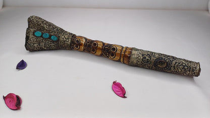 Vintage Bone Double Mahakala Hand Carved Silver Inlay Kangling Tibetan Ritual Trumpet,Used Traditional Tantrik Trumpet,Shaman  Buddhism Tool