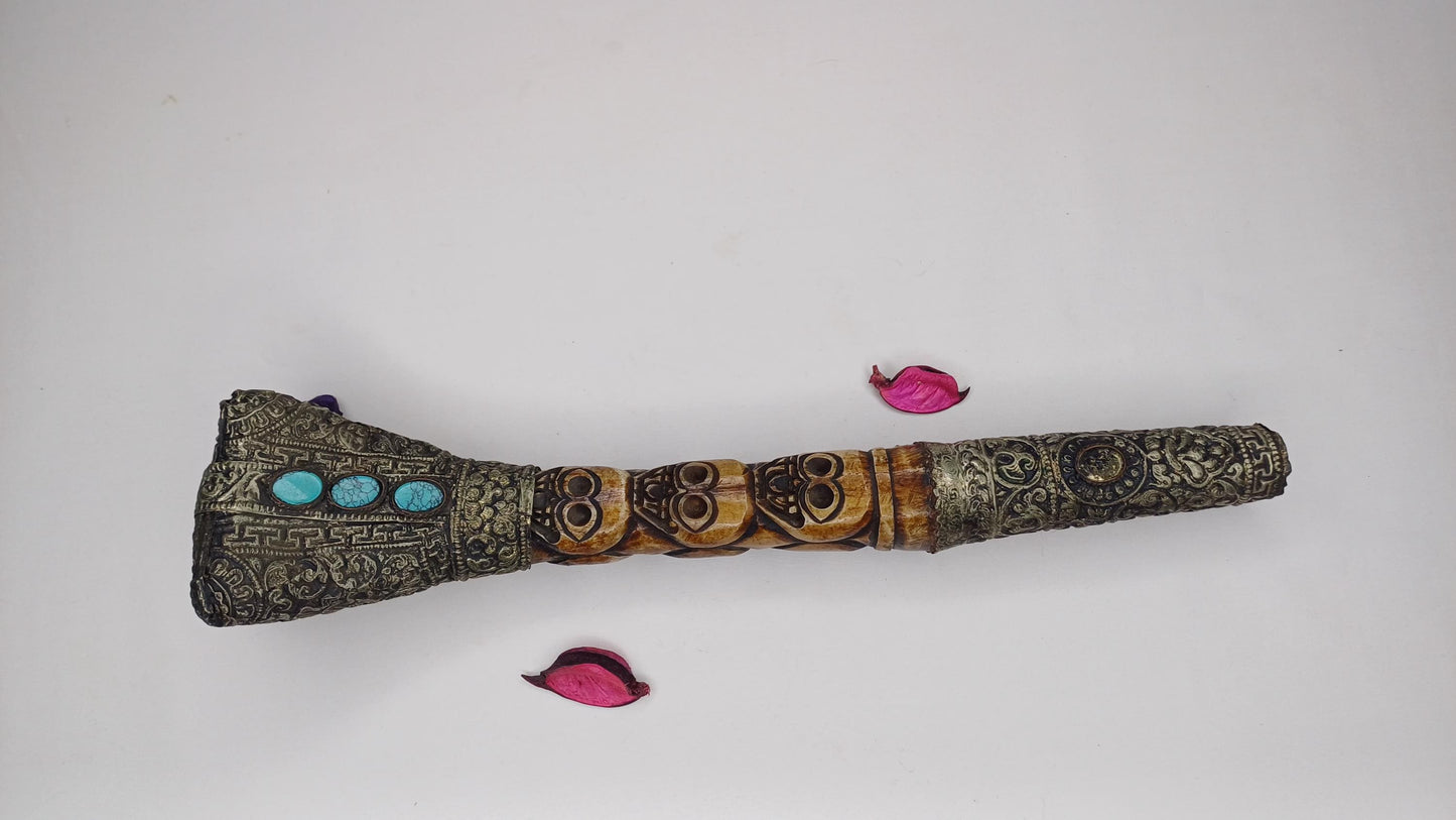 Vintage Bone Double Mahakala Hand Carved Silver Inlay Kangling Tibetan Ritual Trumpet,Used Traditional Tantrik Trumpet,Shaman  Buddhism Tool