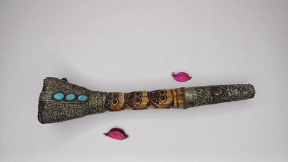 Vintage Bone Double Mahakala Hand Carved Silver Inlay Kangling Tibetan Ritual Trumpet,Used Traditional Tantrik Trumpet,Shaman  Buddhism Tool