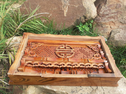 Medium Size Buddhist Auspicious Symbols Handcarved Foldable Wooden Tibetan Buddhist Altar,Zen Meditation Altar,Prayer Table,Wood Alter Table