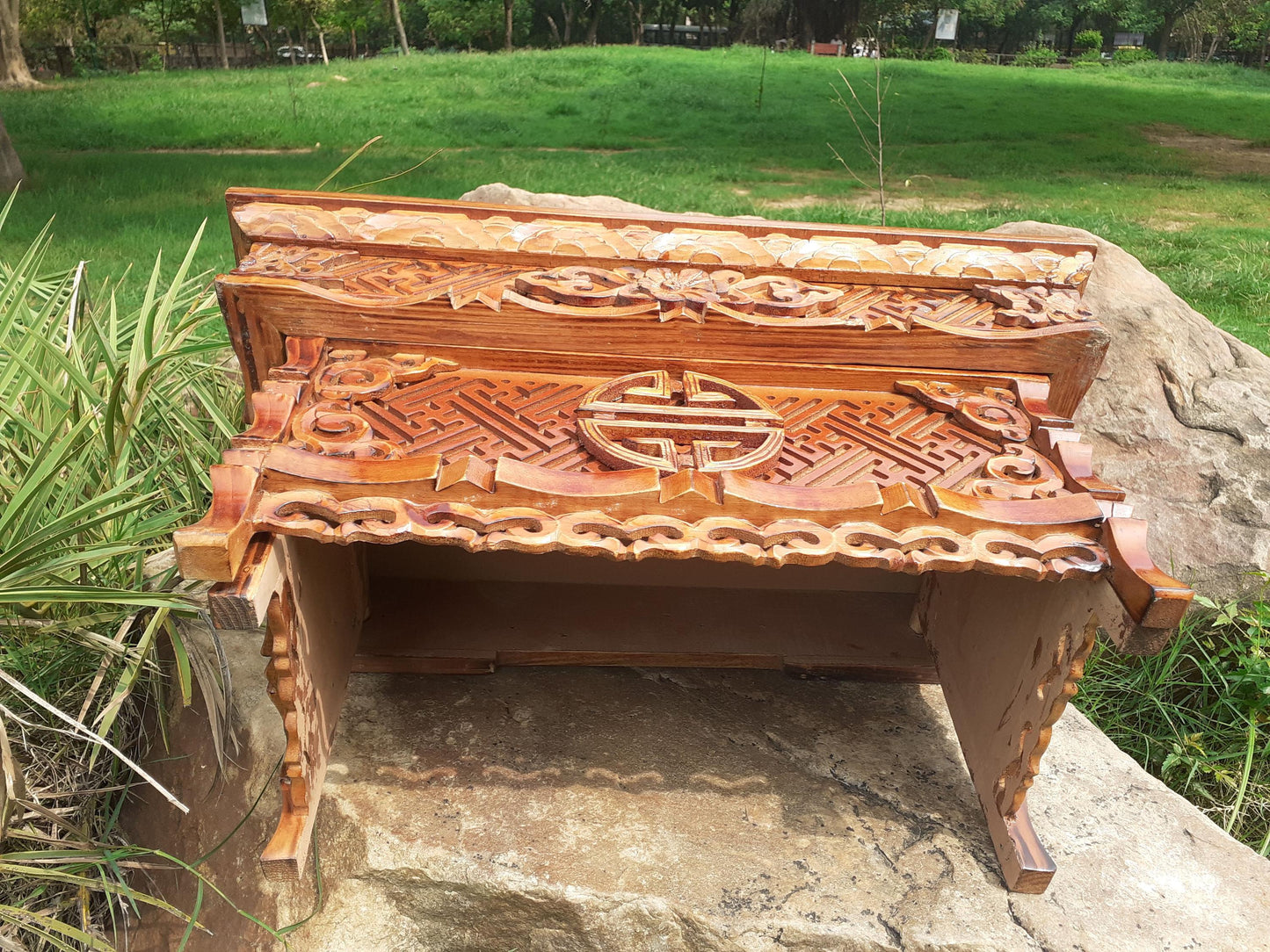 Medium Size Buddhist Auspicious Symbols Handcarved Foldable Wooden Tibetan Buddhist Altar,Zen Meditation Altar,Prayer Table,Wood Alter Table