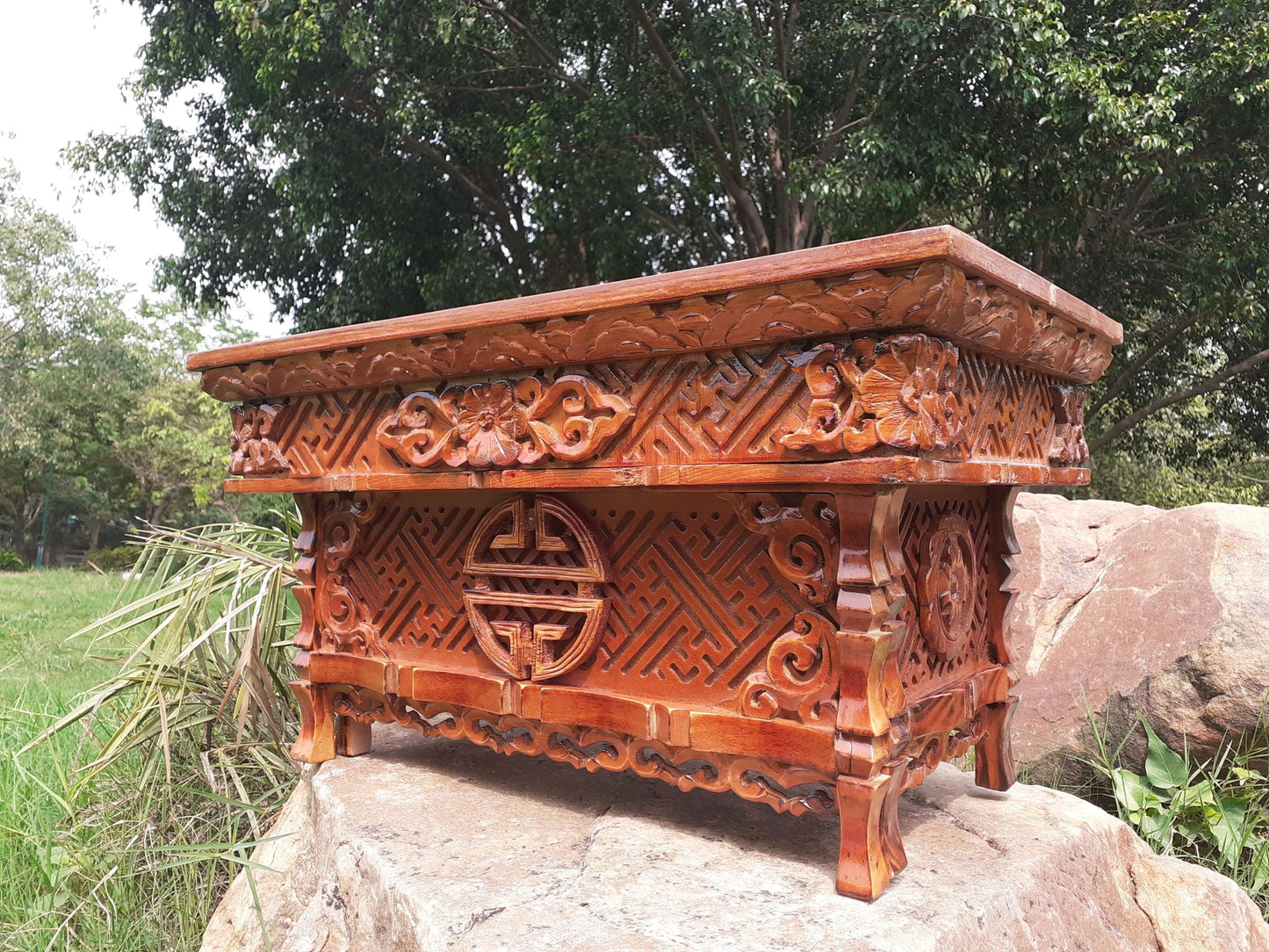 Medium Size Buddhist Auspicious Symbols Handcarved Foldable Wooden Tibetan Buddhist Altar,Zen Meditation Altar,Prayer Table,Wood Alter Table