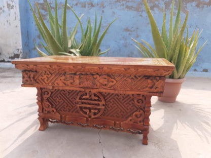 Medium Size Buddhist Auspicious Symbols Handcarved Foldable Wooden Tibetan Buddhist Altar,Zen Meditation Altar,Prayer Table,Wood Alter Table