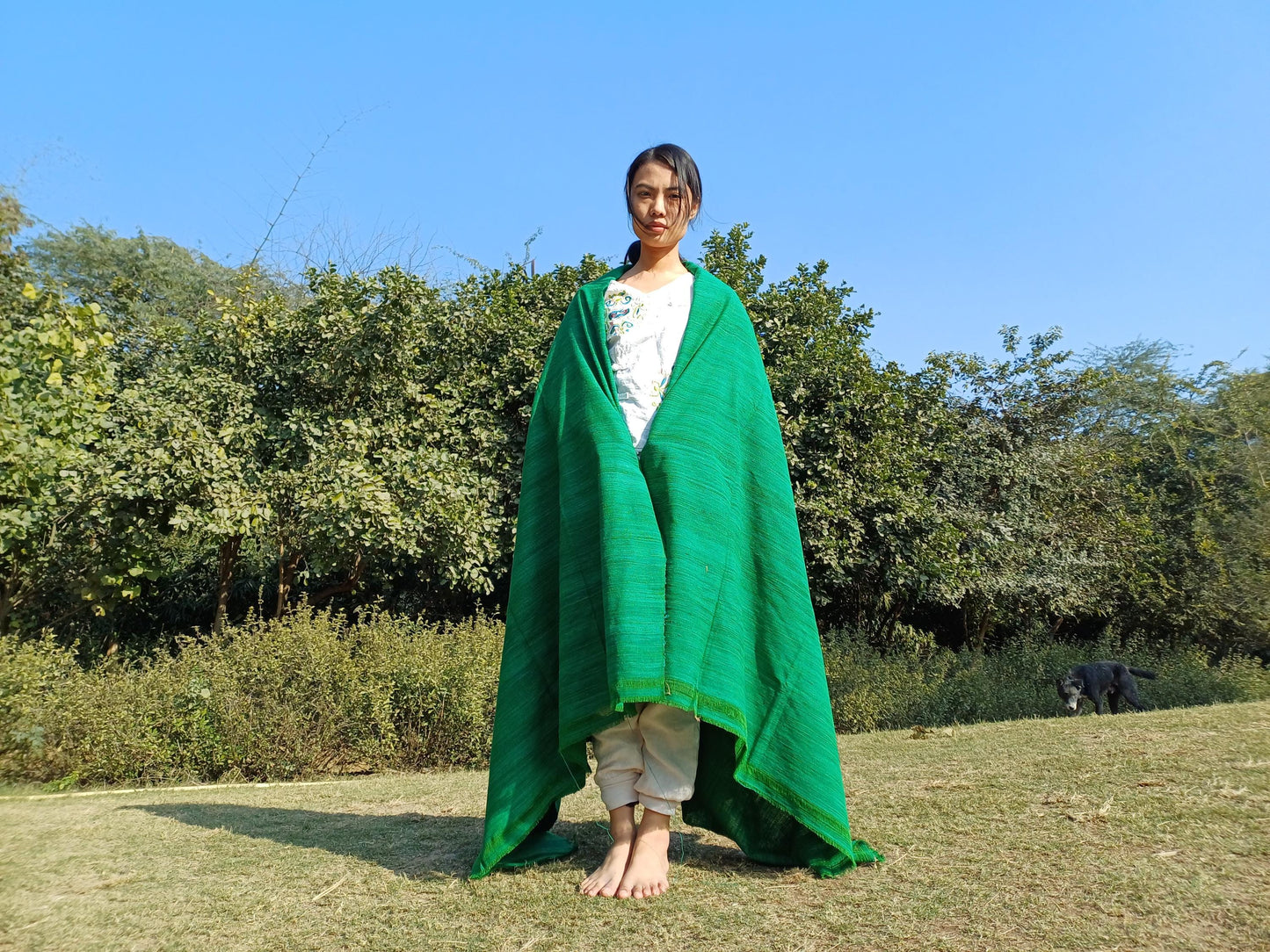 Large Traditional Handwoven GREEN Tibetan Buddhist Raw Eri Silk Meditation Shawl,Buddhist Silk Shawl,Tantric Meditation Wrap,Lama Silk Zen