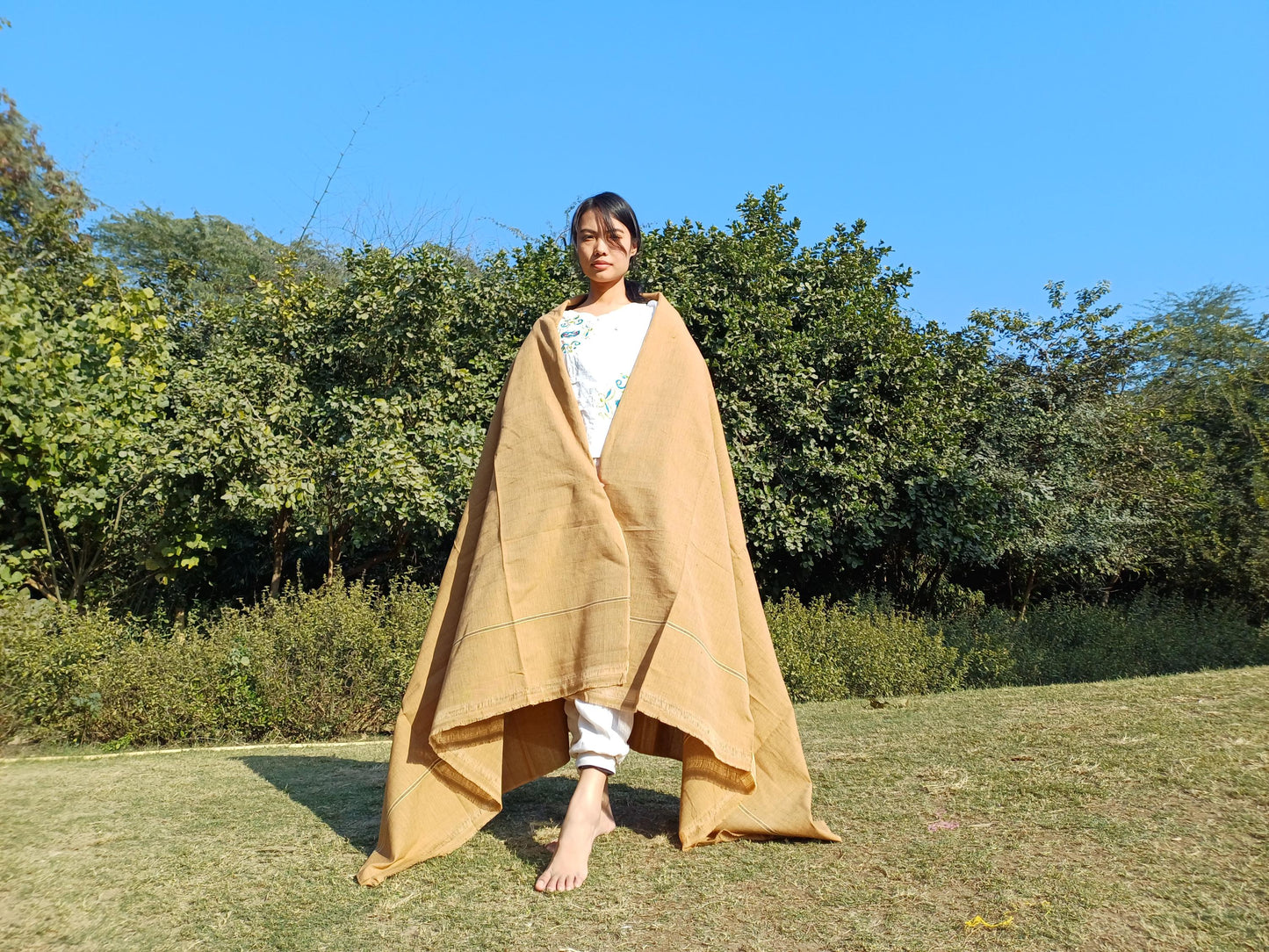 MINAKSHI Large Handwoven Organic Cotton White Tibetan Buddhist Monk Meditation Shawl,Indian Cotton Tantrik Wrap,Buddhist Prayer Zen