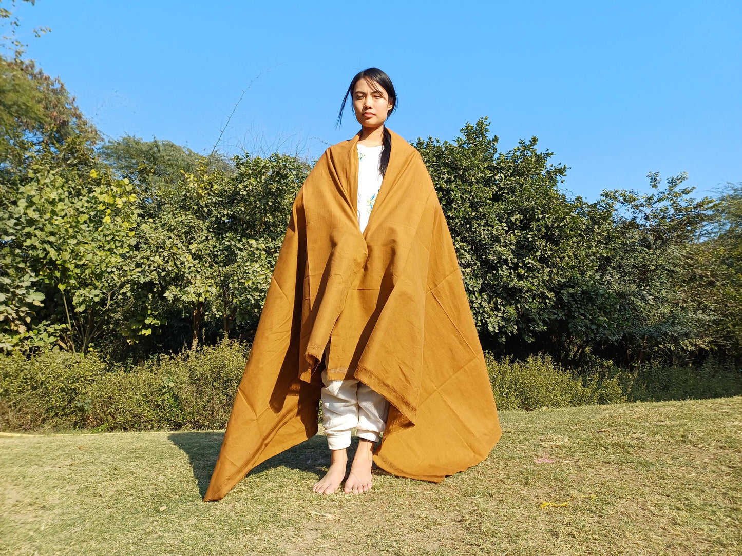 YOGINI Large Handwoven Pure Organic Cotton Brown Tibetan Buddhist Meditation Shawl,Indian Khadi Cotton Tantrik Wrap,Buddhist Prayer Zen