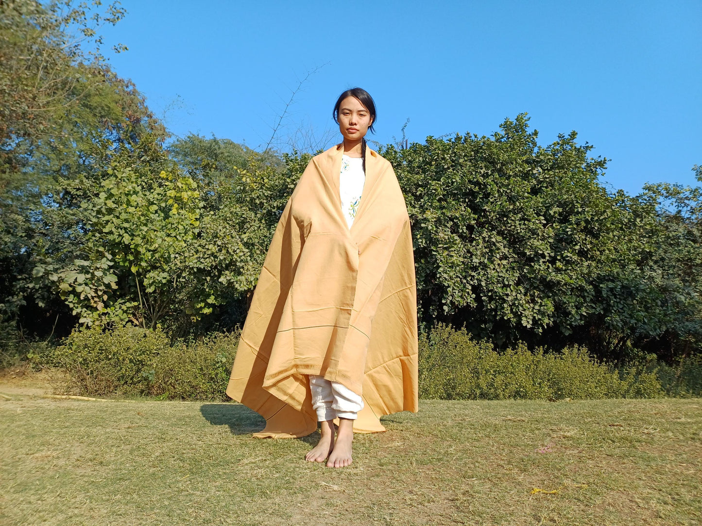 YOGINI Large Handwoven Pure Organic Cotton Beige Tibetan Buddhist Meditation Shawl,Indian Khadi Cotton Tantrik Wrap,Buddhist Prayer Zen