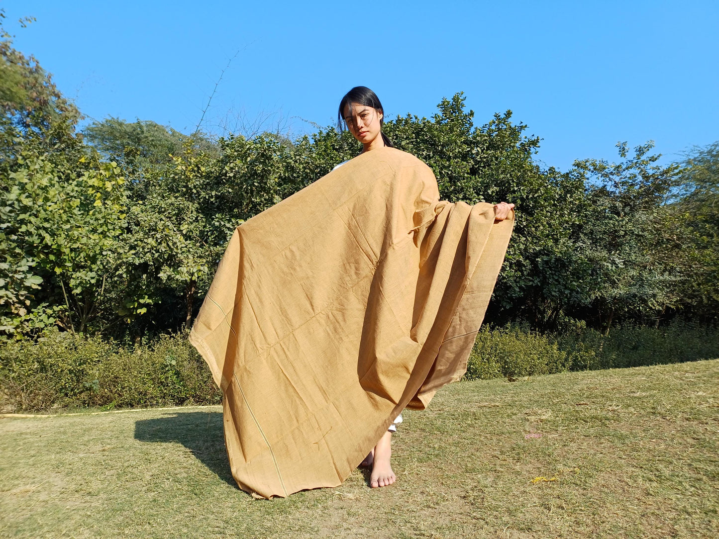 YOGINI Large Handwoven Pure Organic Cotton Beige Tibetan Buddhist Meditation Shawl,Indian Khadi Cotton Tantrik Wrap,Buddhist Prayer Zen