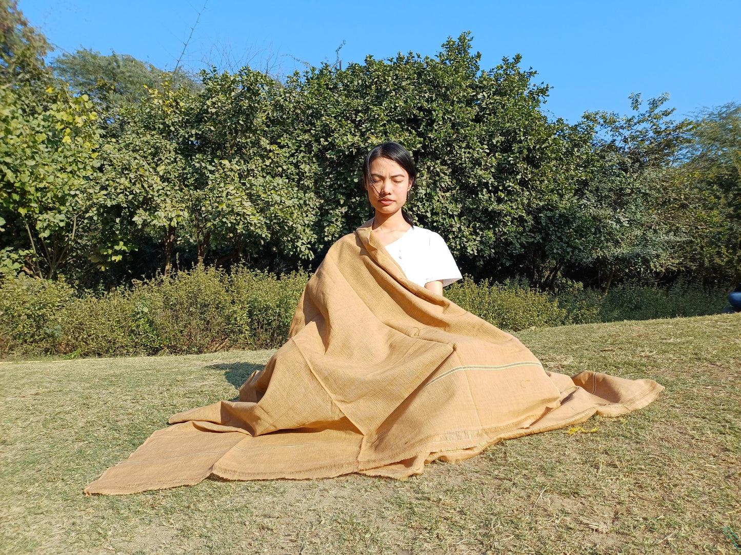 YOGINI Large Handwoven Pure Organic Cotton Beige Tibetan Buddhist Meditation Shawl,Indian Khadi Cotton Tantrik Wrap,Buddhist Prayer Zen