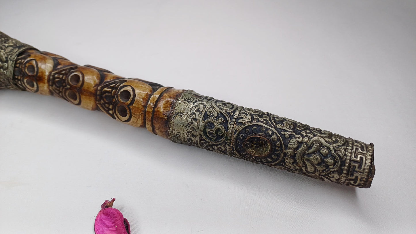 Vintage Bone Double Mahakala Hand Carved Silver Inlay Kangling Tibetan Ritual Trumpet,Used Traditional Tantrik Trumpet,Shaman  Buddhism Tool