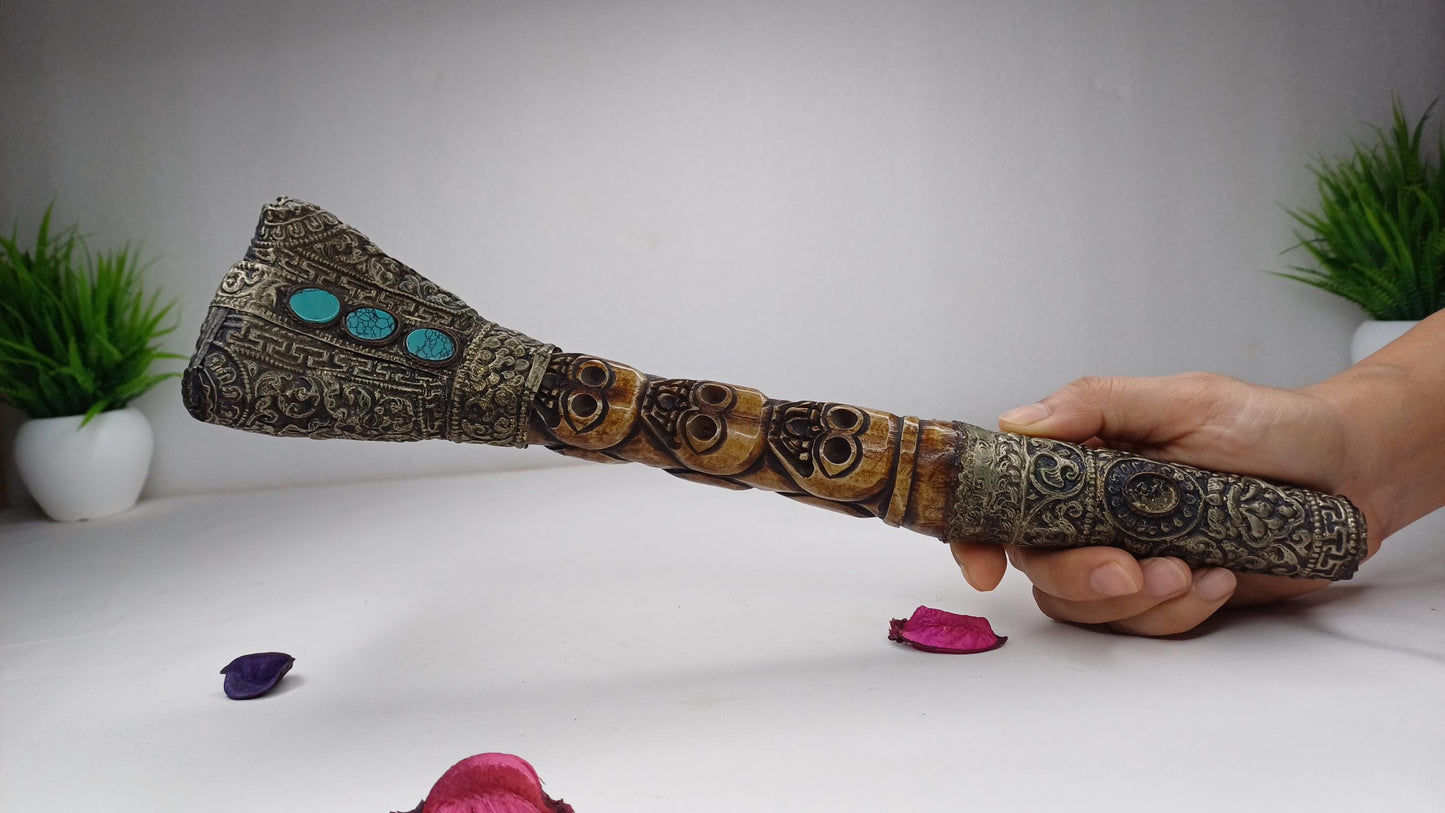 Vintage Bone Double Mahakala Hand Carved Silver Inlay Kangling Tibetan Ritual Trumpet,Used Traditional Tantrik Trumpet,Shaman  Buddhism Tool