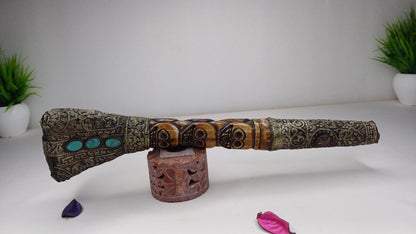 Vintage Bone Double Mahakala Hand Carved Silver Inlay Kangling Tibetan Ritual Trumpet,Used Traditional Tantrik Trumpet,Shaman  Buddhism Tool