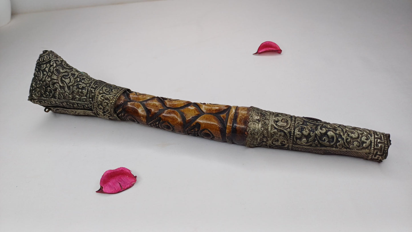 Vintage Bone Double Mahakala Hand Carved Silver Inlay Kangling Tibetan Ritual Trumpet,Used Traditional Tantrik Trumpet,Shaman  Buddhism Tool