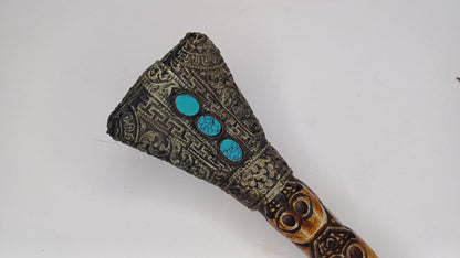 Vintage Bone Double Mahakala Hand Carved Silver Inlay Kangling Tibetan Ritual Trumpet,Used Traditional Tantrik Trumpet,Shaman  Buddhism Tool