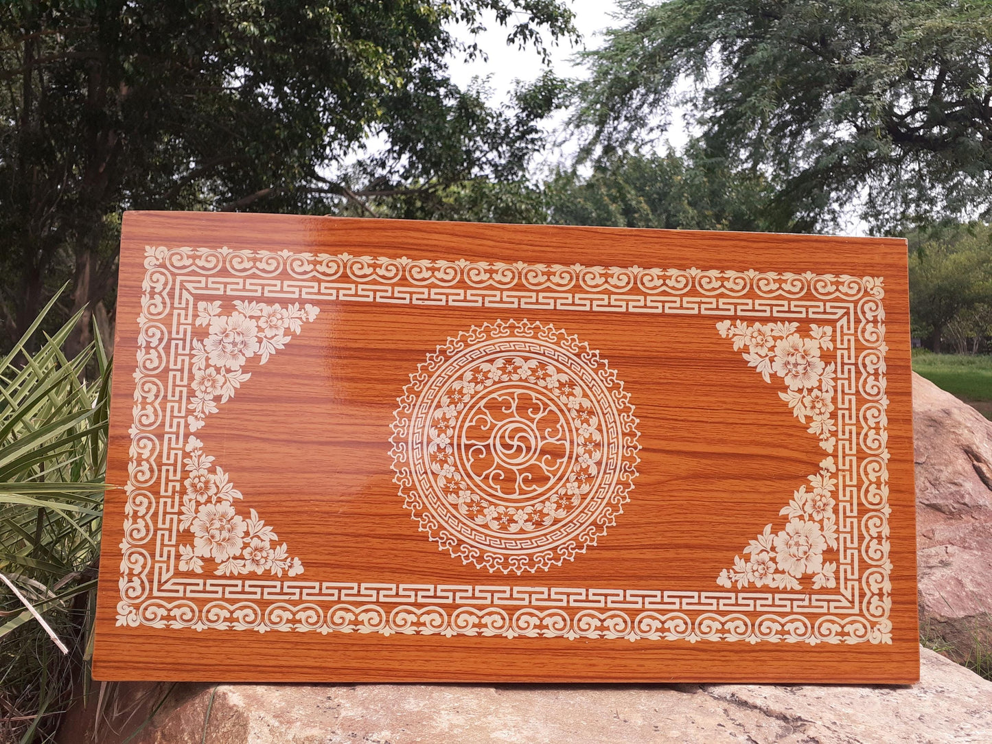 Medium Size Buddhist Auspicious Symbols Handcarved Foldable Wooden Tibetan Buddhist Altar,Zen Meditation Altar,Prayer Table,Wood Alter Table