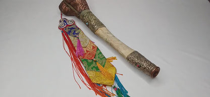 Vintage Bone Double Mahakala Hand Carved Silver Inlay Kangling Tibetan Ritual Trumpet,Used Traditional Tantrik Trumpet,Shaman  Buddhism Tool