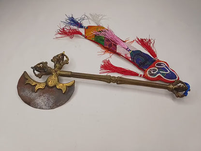 Antique Rare Authentic Handmade  Tibetan Buddhist Ritual Brass Prashu Vajra Dorje Axe,Sacred Tibetan Tantric  Ceremonial  Weapon Blade
