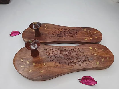 Himalayan"Yogis"Handcrafted Traditional Wooden Slippers,Unique Carved Design , Wooden Charan Paduka with Brass Designed
