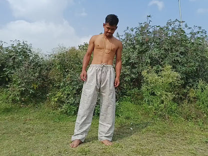YOGI Mens Natural Indian Khadi Cotton Yoga Pants,Two Pockets Breathable Gym Straight Trousers,Flexible Drawstring Loose Boho Hippie Pant