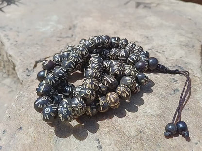108 12mm Antique Gandhara Hand-carved Original Bone Tibetan Buddhist Prayer Beads,Vintage Buddhist Rosary Mala,Disk Shaped Kapala Bone Mala