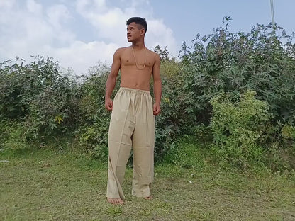 YOGI Mens Natural Indian Khadi Cotton Yoga Pants,Two Pockets Breathable Gym Straight Trousers,Flexible Drawstring Loose Boho Hippie Pant