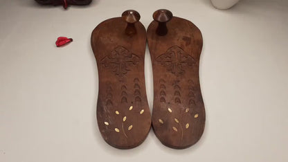 Himalayan"Yogis"Handcrafted Traditional Wooden Slippers,Unique Carved Design , Wooden Charan Paduka with Brass Designed