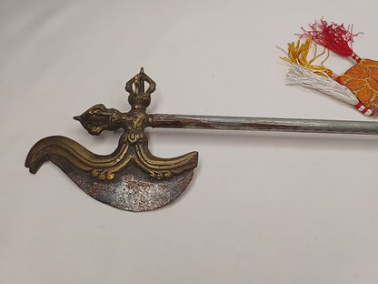 Antique Rare Authentic Buddhist Ritual Wand Khatvanga Axe With Vajra Dorje Top,Sacred Tibetan Tantric Khatvanga Ceremonial  Weapon Blade