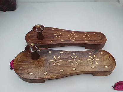 Himalayan"Yogis"Handcrafted Traditional Wooden Slippers for Meditation and Yoga, Unique Carved Wooden Charan Paduka with Brass Designed